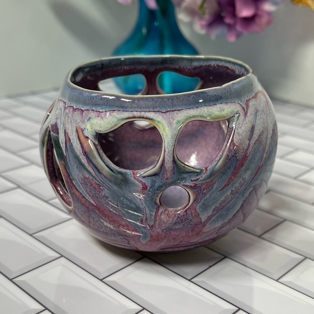 Bayo Indiana Votive Ceramic Art Pottery Purple Pink Blue 3x4in Home Accent